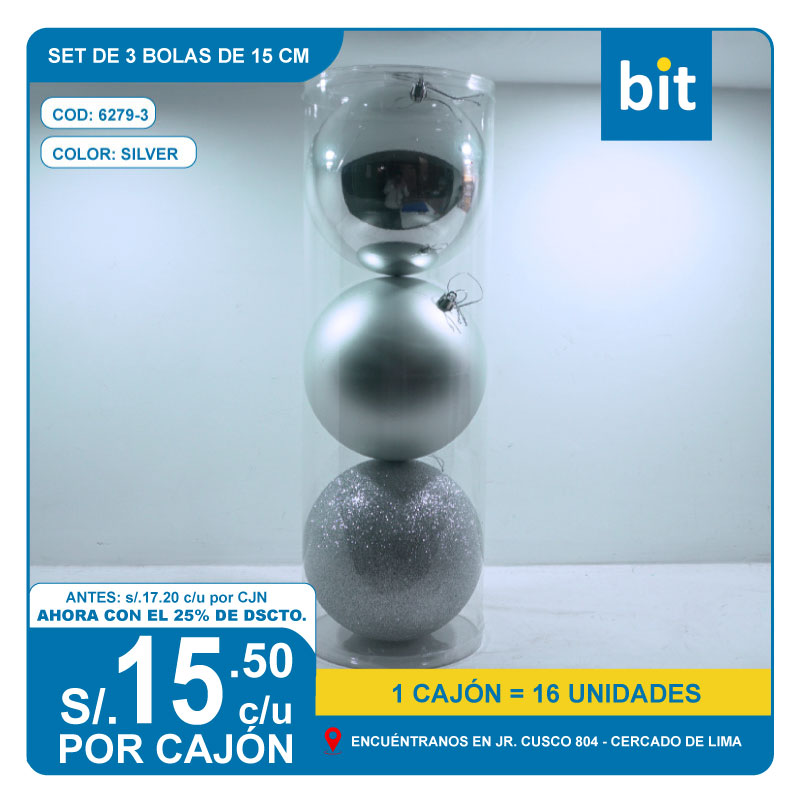 C03 SET DE 3 BOLAS DE 15 CM- SILVER/ COD:6279-3 - CJN 16 UNDS