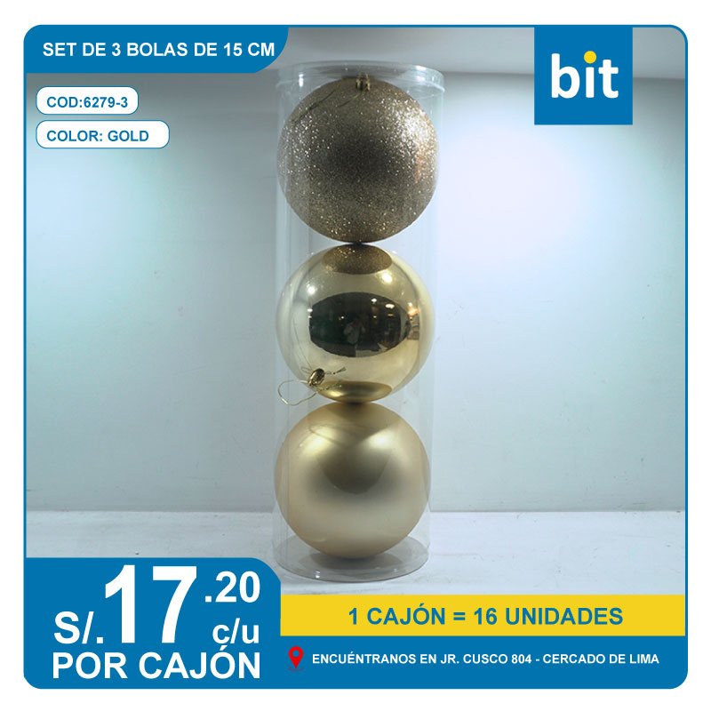C03 SET DE 3 BOLAS DE 15 CM- GOLD/ COD:6279-3 - CJN 16 UNDS