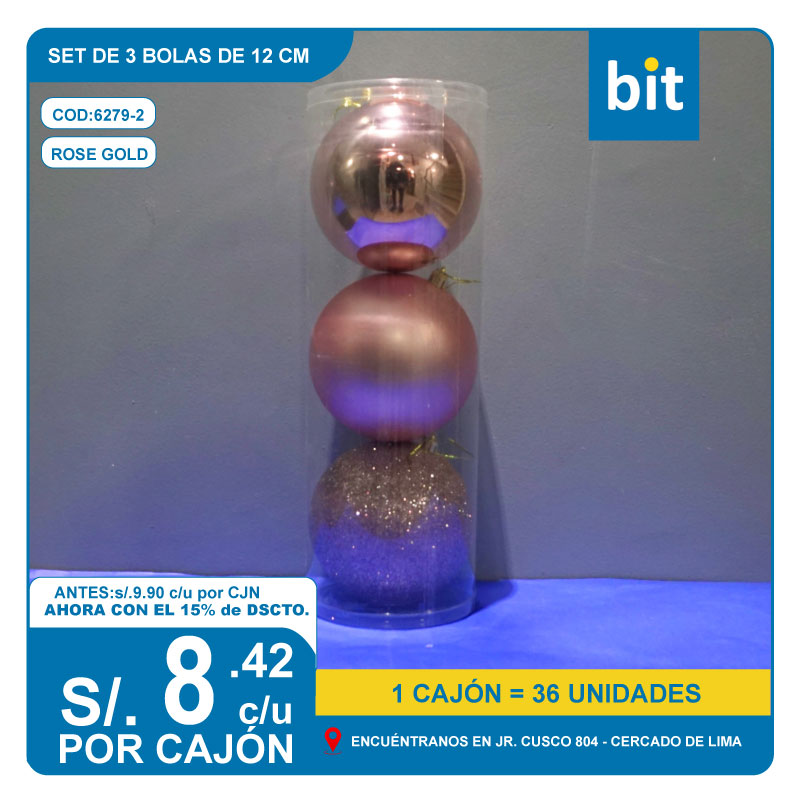 C03 12cm-SET DE 3 BOLAS - GOLD ROSE/ COD: 6279-2 - CJN 36 UNDS