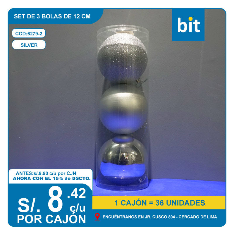 C03 12cm-SET DE 3 BOLAS - SILVER/ COD: 6279-2 - CJN 36 UNDS