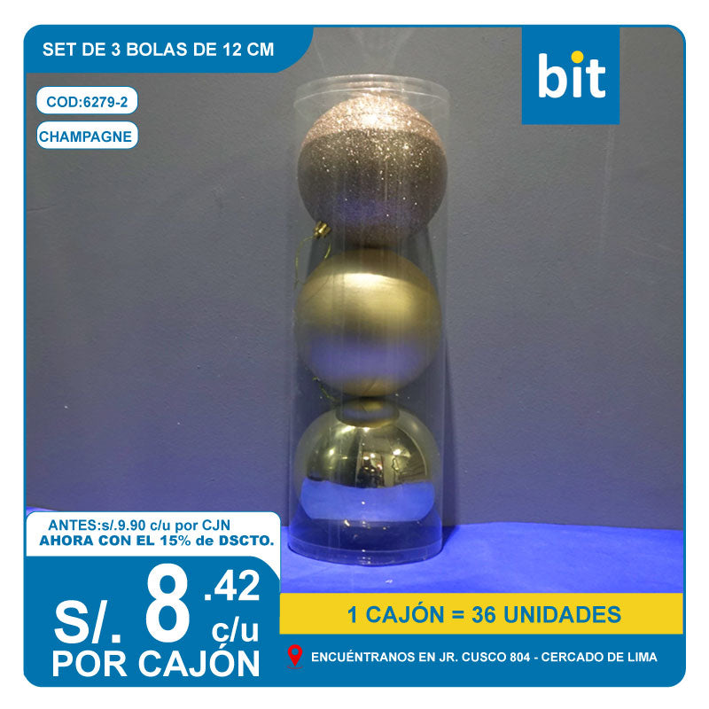 C03 12cm-SET DE 3 BOLAS - CHAMPAGNE/ COD: 6279-2 - CJN 36 UNDS