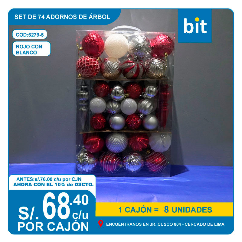 C03 SET DE 74 ADORNOS DE ARBOL- ROJO CON BLANCO/ COD:6279-5 - CJN 8 UNDS