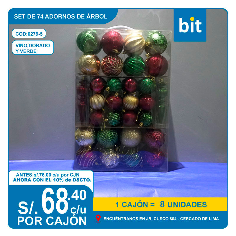 C03 SET DE 74 ADORNOS DE ARBOL- VINO, DORADO Y VERDE / COD:6279-5 - CJN 8 UNDS