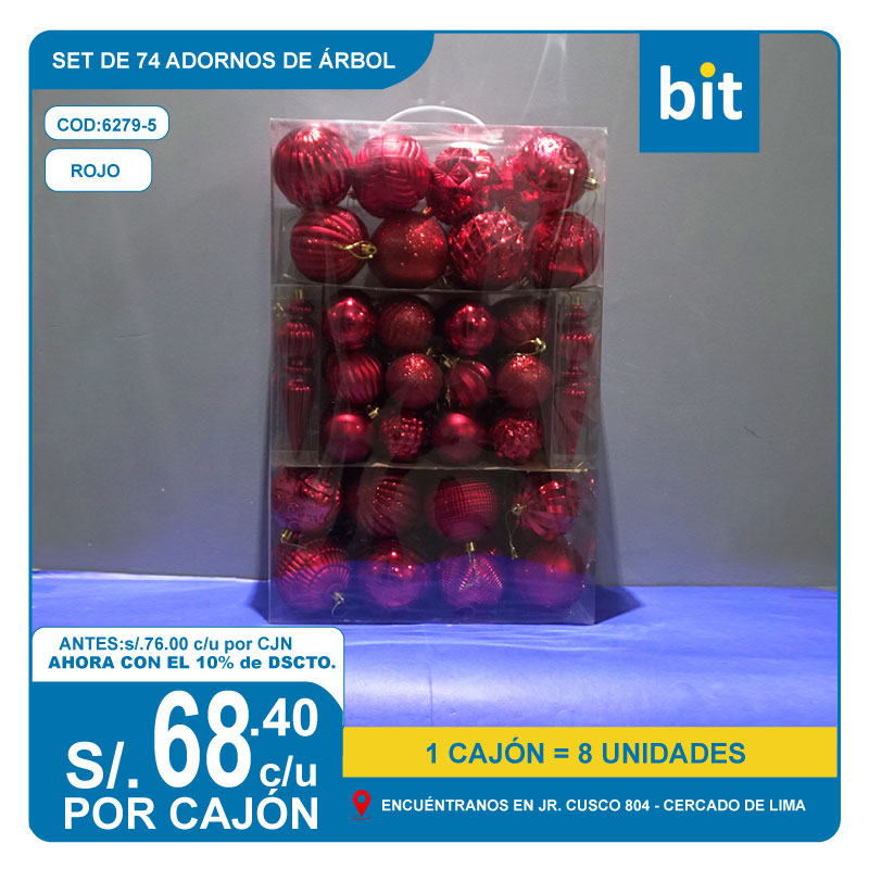 C03 SET DE 74 ADORNOS DE ARBOL- ROJO / COD:6279-5 - CJN 8 UNDS