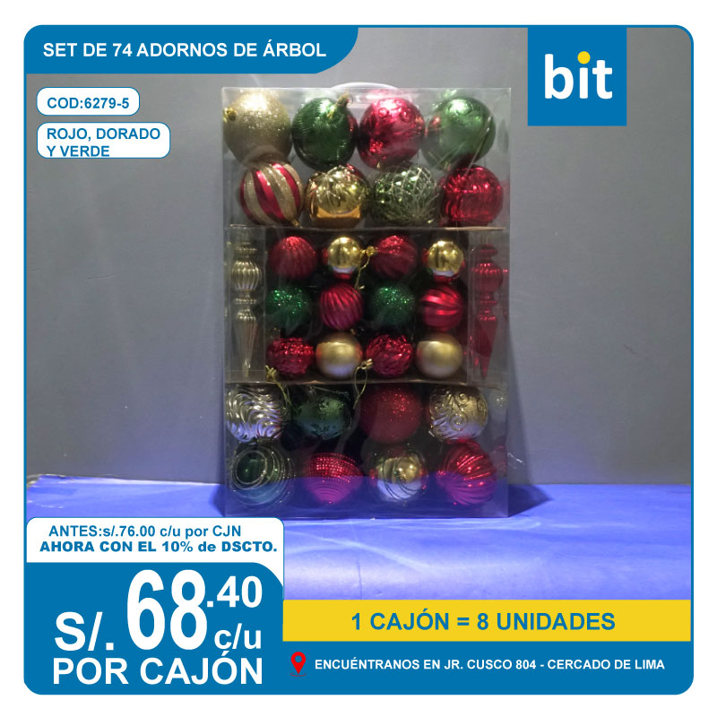 C03 SET DE 74 ADORNOS DE ARBOL- ROJO, DORADO Y VERDE / COD:6279-5 - CJN 8 UNDS
