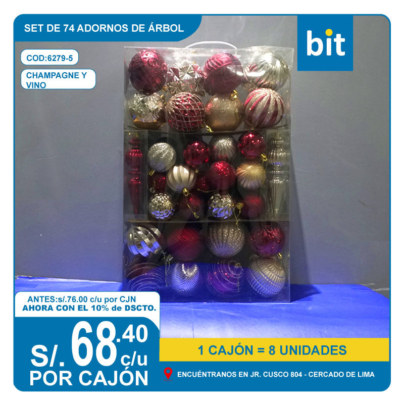 C03 SET DE 74 ADORNOS DE ARBOL- CHAMPAGNE CON VINO / COD:6279-5 - CJN 8 UNDS