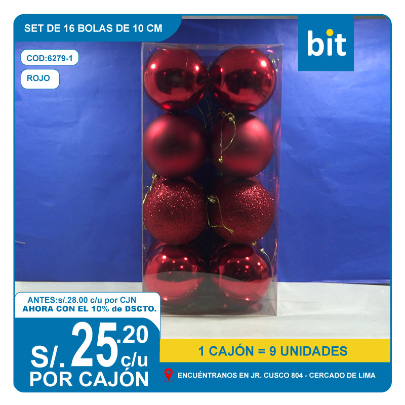 C03 SET DE 16 BOLAS DE 10 CM- ROJO/ COD: 6279-1 - CJN 9 UNDS