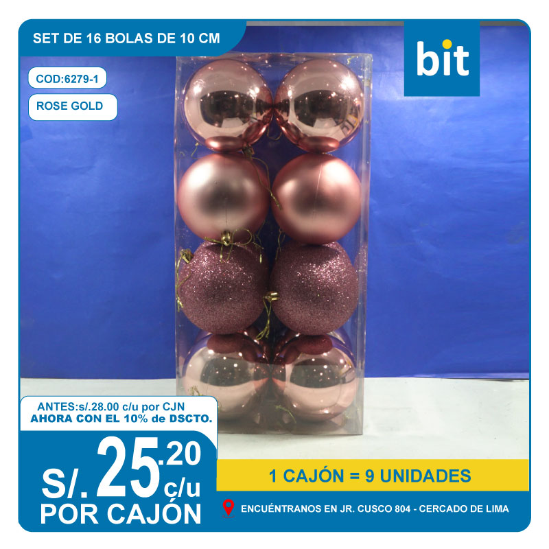 C03 SET DE 16 BOLAS DE 10 CM- ROSE GOLD/ COD: 6279-1 - CJN 9 UNDS