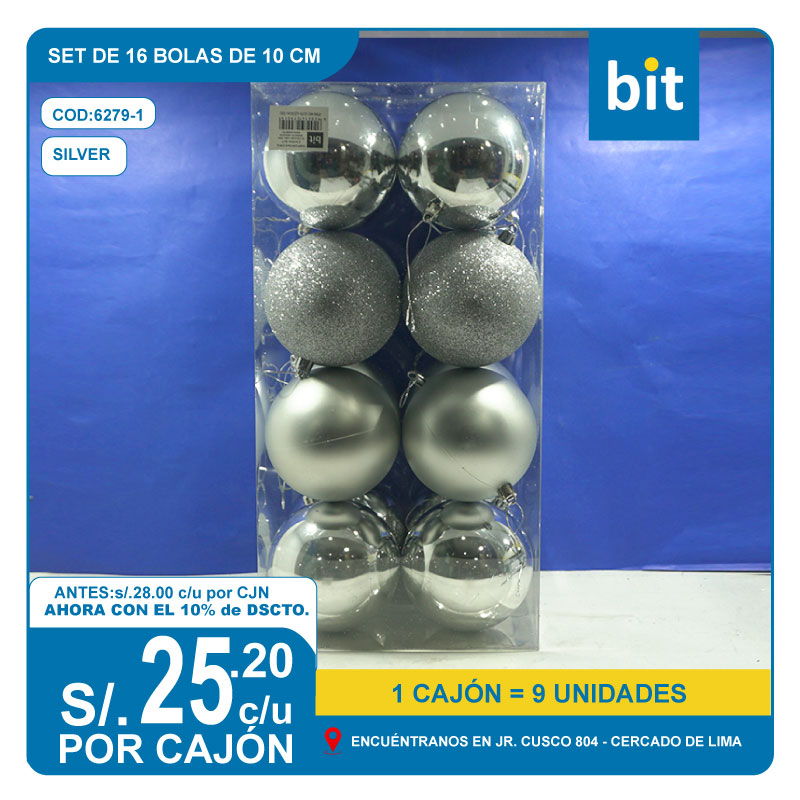 C03 SET DE 16 BOLAS DE 10 CM-  SILVER/ COD: 6279-1 - CJN 9 UNDS
