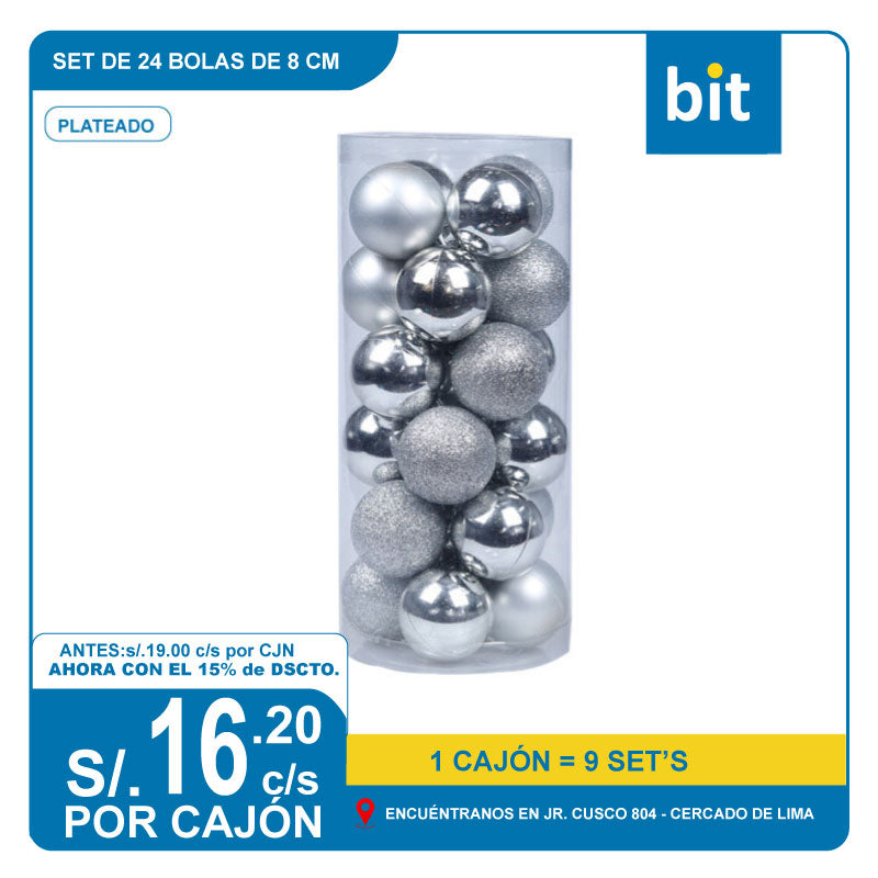 C03 SET DE 24 BOLAS DE 8 CMS / COD:8cm/24pcs PLATEADO- CJN 9 SET'S