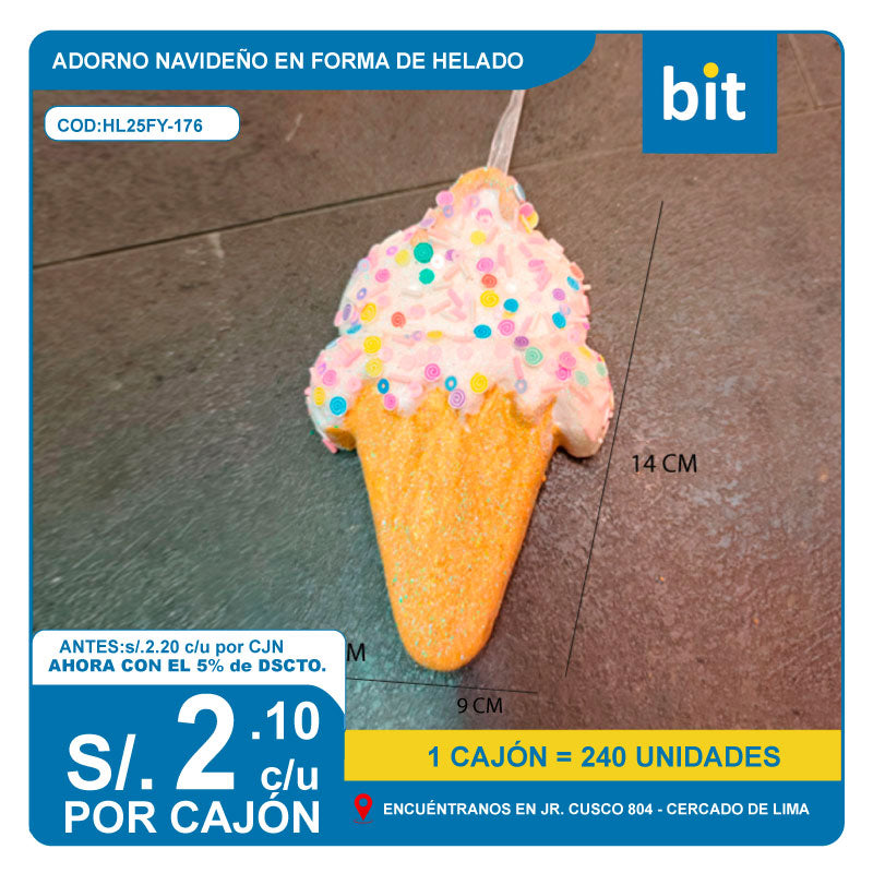 C03ADORNO ARBOL NAVIDENO DE ESPUMA EN FORMA DE HELADO DE 14X9CM/ COD: HL25FY-176 - CJN 240 UNDS