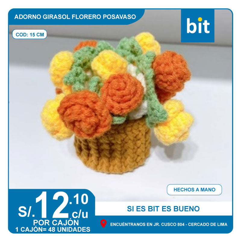 C02 ADORNO GIRASOL FLORERO POSAVASO DE CROCHET DE 15 CM/ CJN 48 UNDS